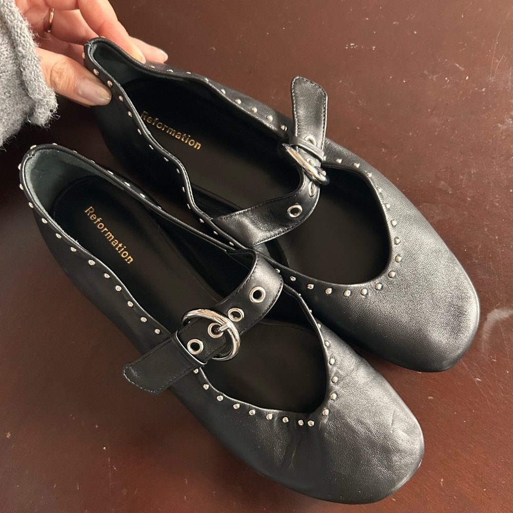 Reformation studded black leather Maryjane flats